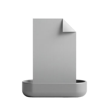 Minimal 3D render of a blank grey paper document with a folded top corner in a stand, isolated on transparent background