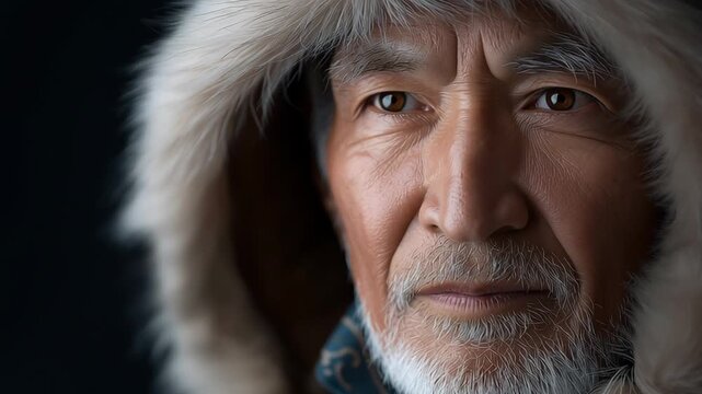 Close-up portrait of an elderly Inuit man in fur hood in snowy Greenland, showing arctic life, culture, and strength
