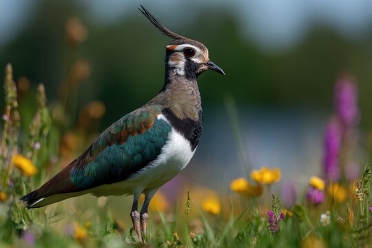 Northern Lapwing standing in a summer meadow.