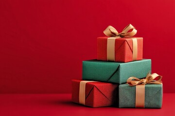 Obraz premium Colorful presents stacked on a red background create a festive atmosphere. The boxes are wrapped beautifully, ready for giving. Perfect for holiday themes or celebrations. AI