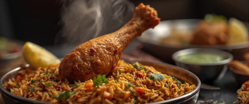 Leg Piece Chicken Biryani - Delicious Basmati rice mixed with spicy marinated chicken, accompanied by Salan or Raita, served in a bowl or plate.