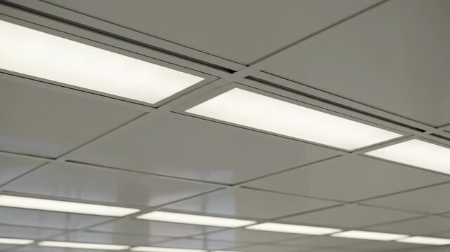 Seamless loop of a clean white tiled ceiling grid with integrated soft glow LED panels scrolling horizontally like a technical background simple design, looping pattern, technology
