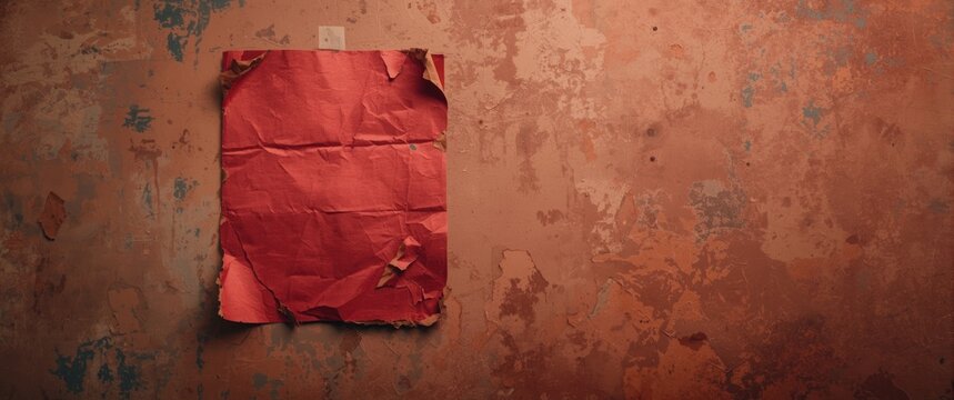 Damaged red poster stuck on the wall