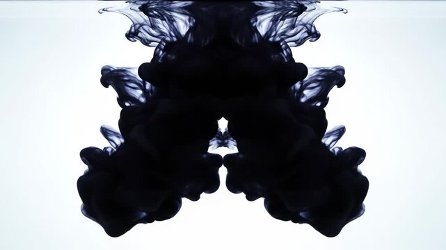 Black Ink Spreading in Water Creating Abstract Rorschach Test-like Patterns on White Background.