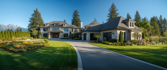 Large bespoke luxury home featuring beautifully landscaped front yard and long driveway to garage in Vancouver, Canada