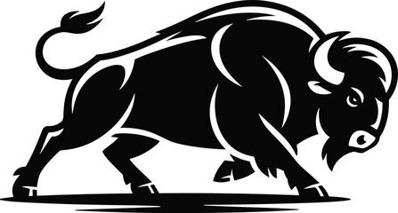 Obraz premium Charging Buffalo Silhouette Illustration, Powerful Wild Bison In Motion, Strength And Determination Concept, Bold Wildlife Animal, Black And White Vector Artwork
