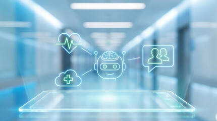 AI healthcare medical chatbot digital health futuristic hospital telemedicine artificial intelligence healthcare technology interface with holographic icons for smart clinic care.