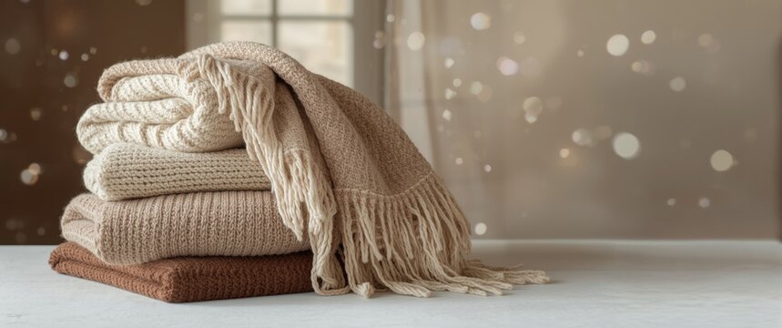 Different beige and brown woolen blankets piled together