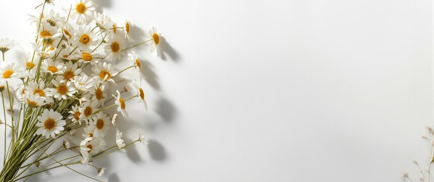 Chamomile bouquet for spring creative composition against a white background with autumn concept