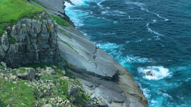 Aerial view from a drone of the coastline near Punta Ballota in the municipality of Suances. Cantabrian Sea. Cantabria. Spain. Europe