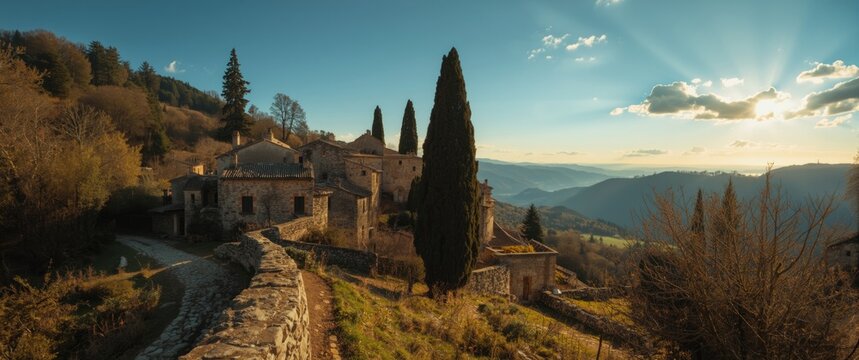 Historic stone village set amidst the mountain landscape of Santiago de Penalba