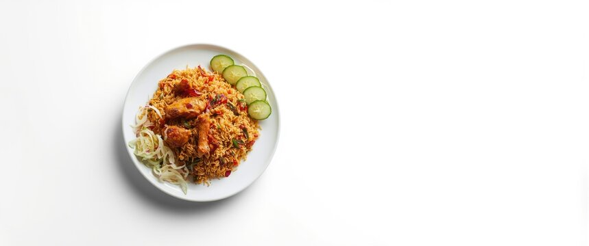 Tasty Biryani Served with Fresh Cabbage and Cucumber Salad on White Surface