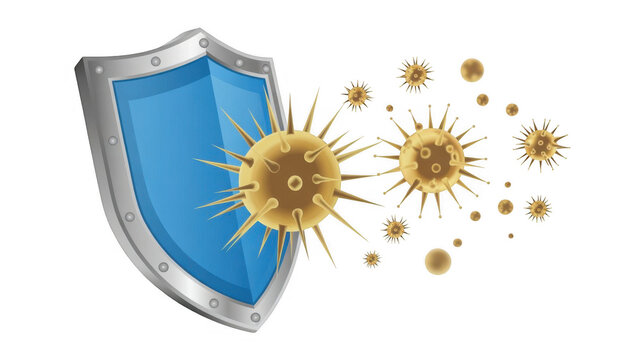 Blue shield with metal border and germs viruses isolated on a transparent background