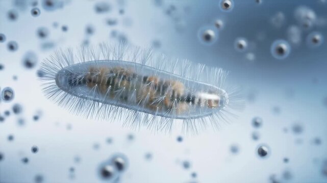 Microscopic view of a bacterium surrounded by water droplets. Illustrates the complexity of microbial life and its role in ecosystems