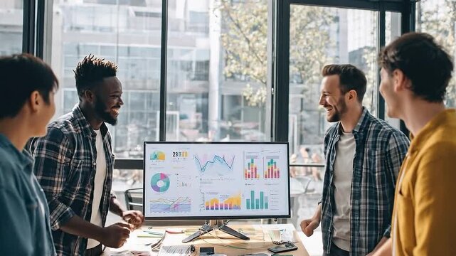 Team Analysis in the Modern Office: A dynamic team analyzes charts and graphs on a large computer screen in a contemporary office setting, demonstrating collaboration, data analysis.