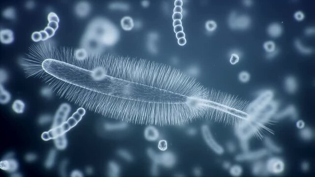 Microscopic view of a single-celled organism with hair-like structures in a fluid environment. Illustrates the complexity of microbial life and its role in ecosystems