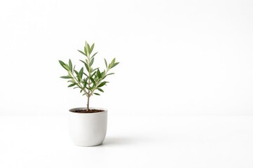 Obraz premium Minimal white ceramic pot with small olive plant isolated and copy space for text addition