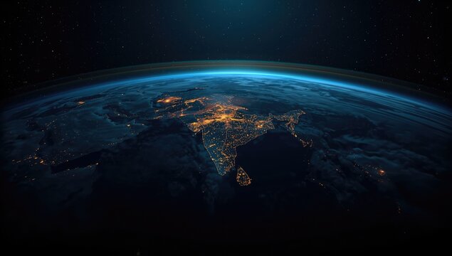 Nighttime view of Earth's surface with illuminated cities, highlighting urban density and technological connectivity, World Telecommunication Day