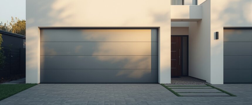 Grey garage door and entrance gate on a modern new house with sectional tilting design