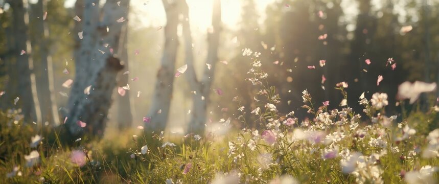 Petals from flowers drifting in the wind with white trees in the background