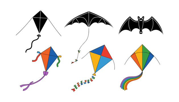 Diverse collection of colorful flying kites with ribbons and tails arranged in grid on plain white background surface.