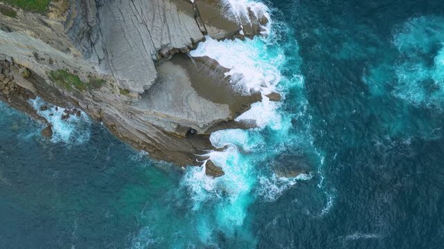 Aerial view from a drone of the coastline near Punta Ballota in the municipality of Suances. Cantabrian Sea. Cantabria. Spain. Europe