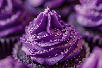 Purple frosted cupcake with sprinkles, creating a visually appealing treat for any occasion