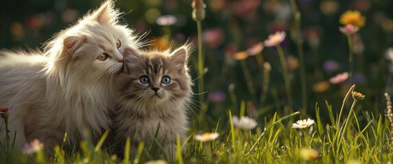 A feline is grooming a young cat