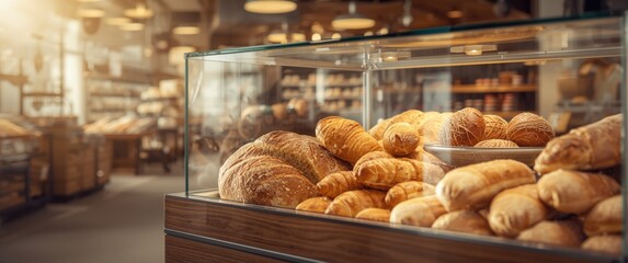 Fototapeta premium Display shelf in bakery filled with breads and buns