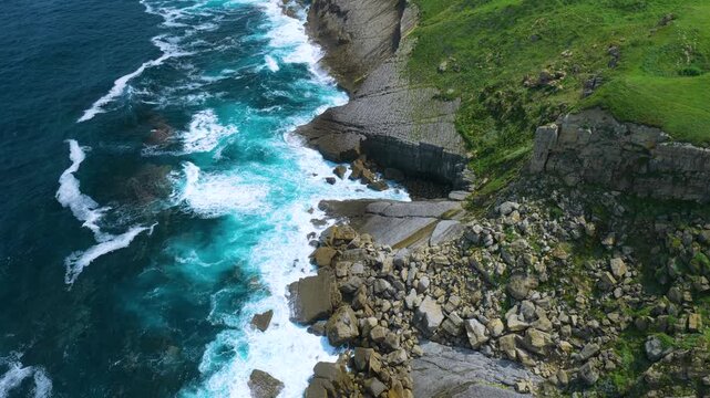 Aerial view from a drone of the coastline near Punta Ballota in the municipality of Suances. Cantabrian Sea. Cantabria. Spain. Europe