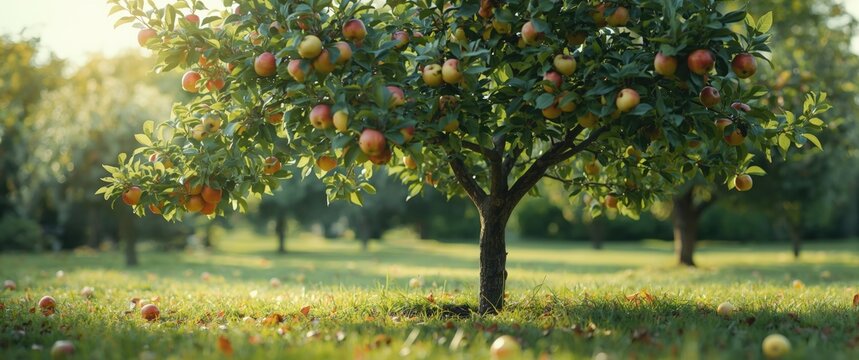 Garden apple trees with growing fruit