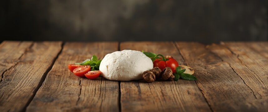 Pizza toppings of mozzarella and vegetables on a rustic kitchen table