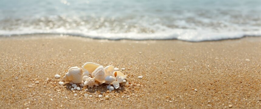 Beach scene featuring seashells on brown sand, summer, and nature elements