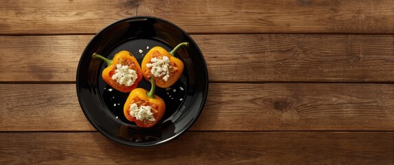 Yellow cherry peppers stuffed with feta cheese on a black dark plate with a wooden rustic backdrop