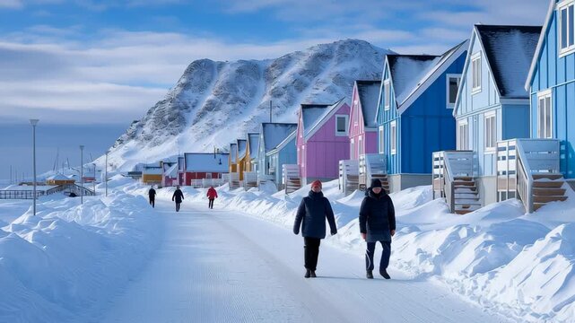 People walk along a snowy street in a Greenland village with colorful wooden houses and mountains in the background under clear winter light