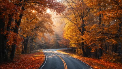 Fototapeta premium Autumn scene of a forest pathway between oak woods encouraging morning strolls, Earth Day