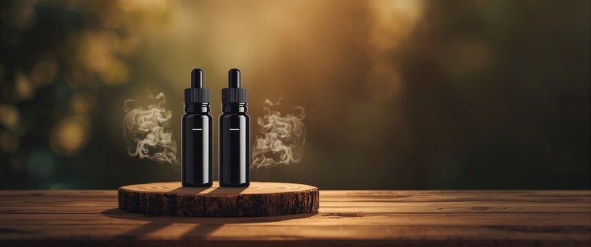 Refillable electronic cigarette liquid bottles set against a background of technology, wood, health, couple, black, oil, and modern bottle on board