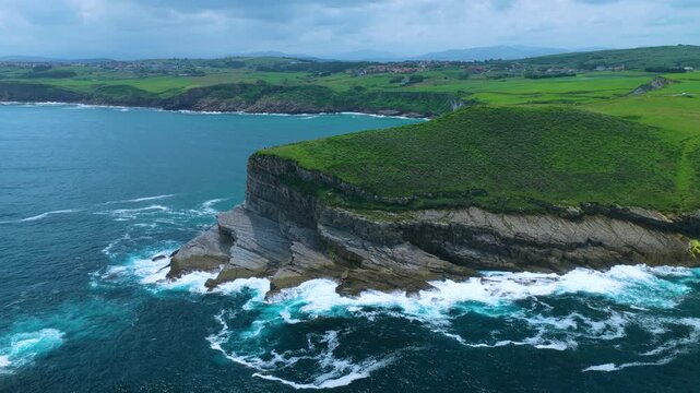 Aerial view from a drone of the coastline near Punta Ballota in the municipality of Suances. Cantabrian Sea. Cantabria. Spain. Europe