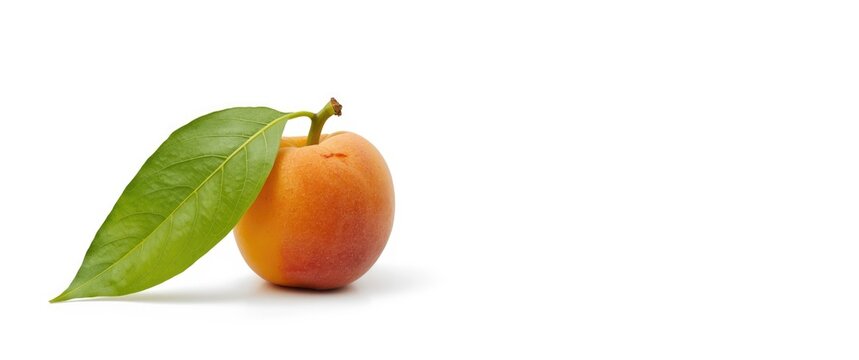 Peaches accompanied by a green fig leaf on white background