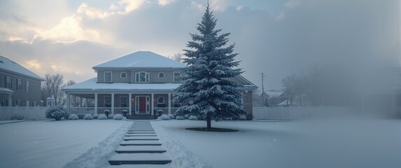 Fototapeta premium Snowfall in a contemporary suburban front yard
