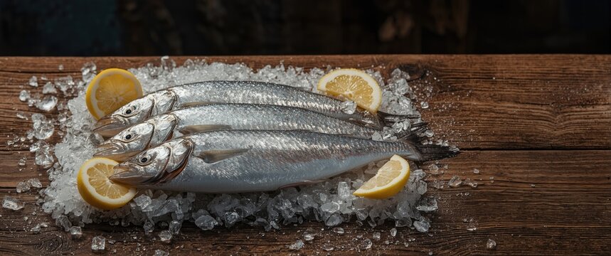 Fresh mackerel fish on ice with lemon, featuring a Mediterranean seafood choice at an Indian fish market