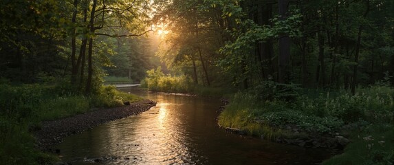 Summer forest scene featuring a flowing stream during sunset
