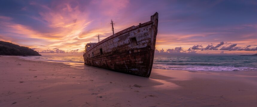 Kratinglay beach shipwreck during sunset with twilight sky in Chonburi
