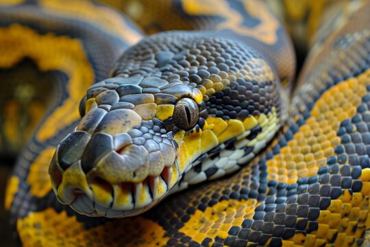 Striking close up of a jungle carpet python showcasing its vibrant scales and intense gaze while resting on its coils