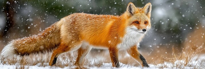 Fototapeta premium Majestic orange-furred fox gracefully navigating through a pristine snow-covered forest landscape.
