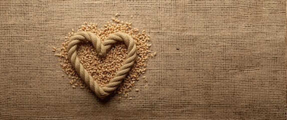 Rope-made symbolic heart placed on sackcloth and wheat grains, with room for your text and background, texture, food, wedding, heart, frame, nature, love, label, autumn
