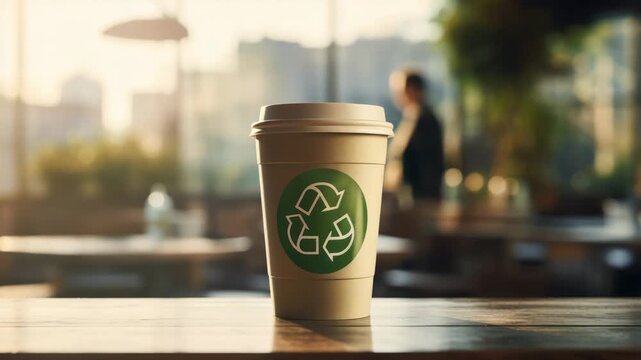 A reusable or recyclable coffee cup with a green recycling symbol sits on a wooden counter in a sunlit cafe.