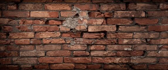 Fototapeta premium Vintage brick wall background displaying brick wall texture and structure, including old broken bricks, cement joints, and a close-up view of crumbling sections due to age, associated with