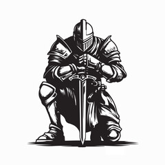 Knight Kneeling Medieval Armor Silhouette Vector Isolated on White Background