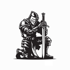 Knight Kneeling Medieval Armor Silhouette Vector Isolated on White Background